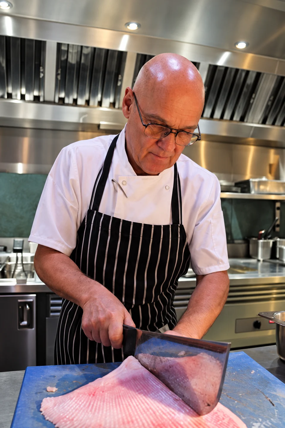 A chef preparing a fish fillet in The Melusine kitchen