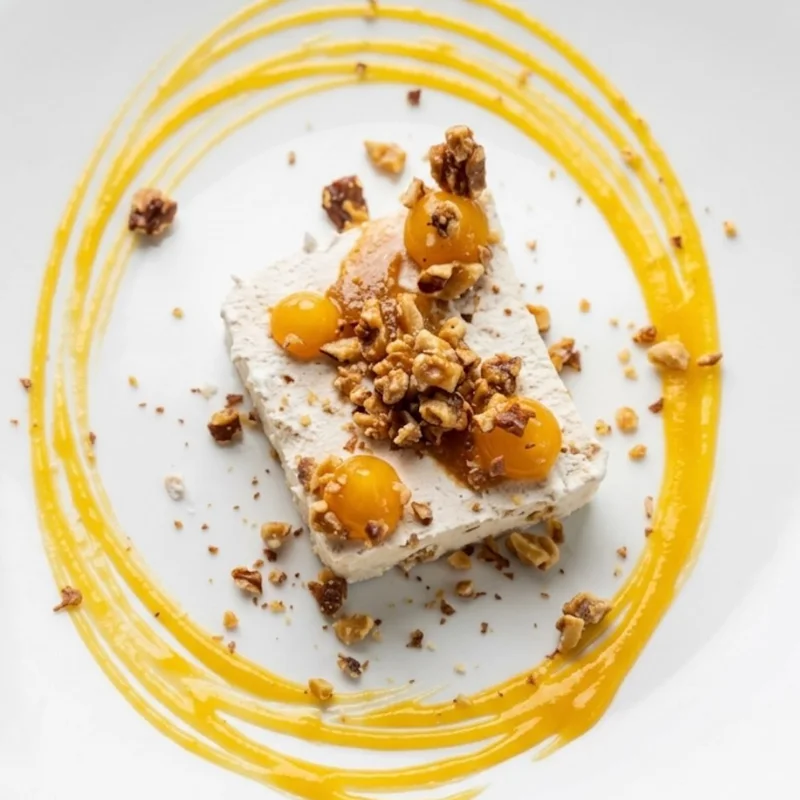 A dessert topped with nuts and small yellow fruits, with a ring of golden sauce