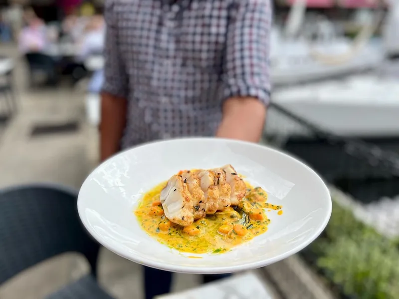 A fish dish with golden sauce held on a white plate beside the docks