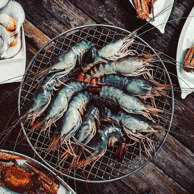 Prawns and shellfish on a wire rack