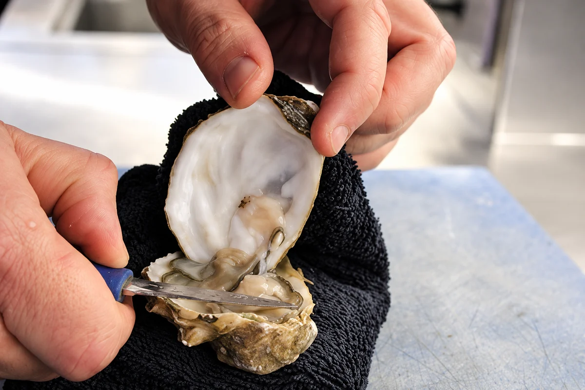 Hands opening an oyster over a black towel in the kitchen