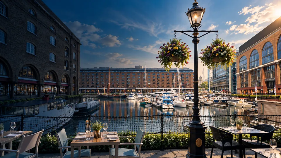 The Melusine terrace beside the boats at St Katharine Docks